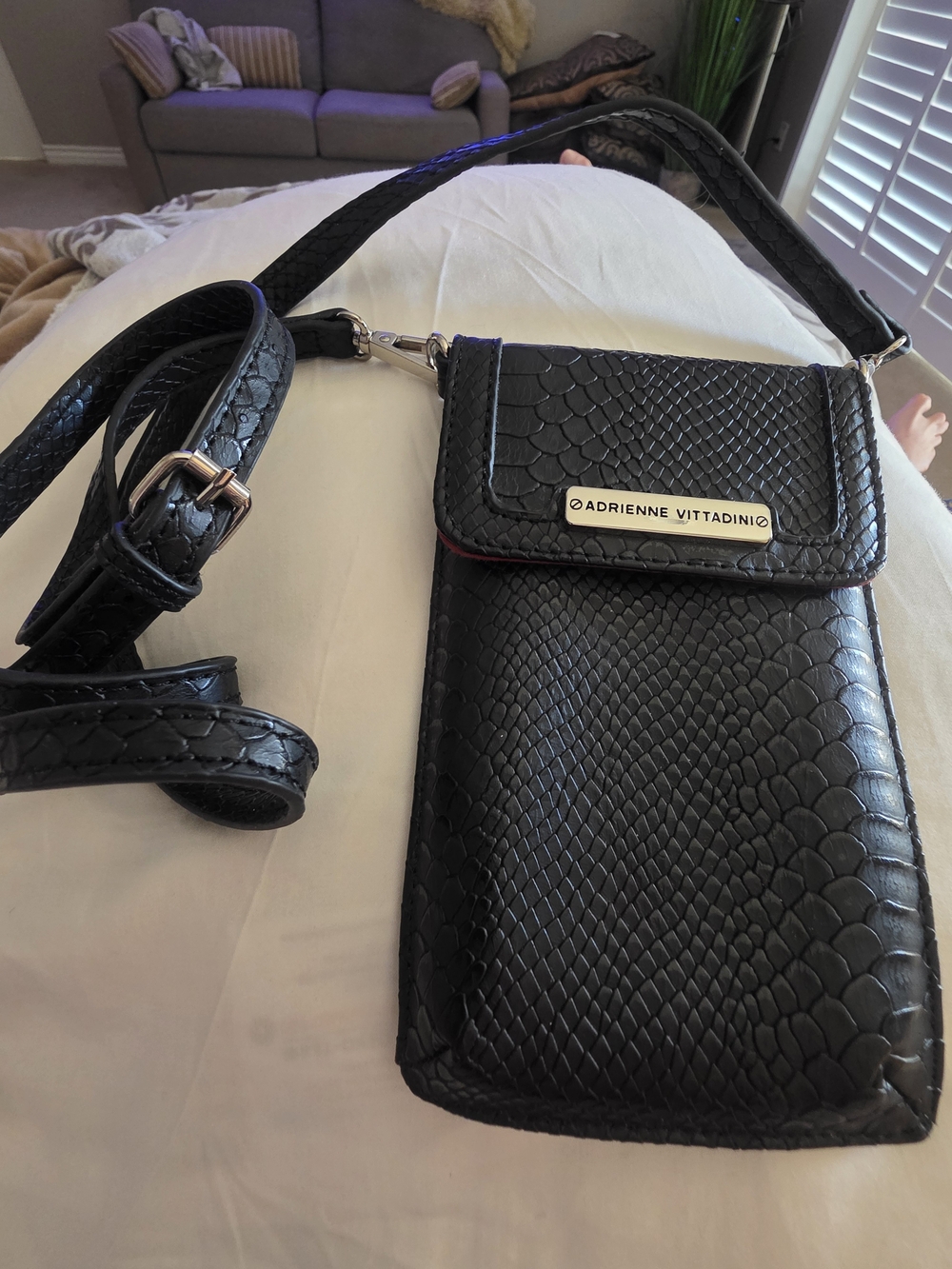 Adrienne Vittadini Black Faux Snakeskin Crossbody Phone Pouch